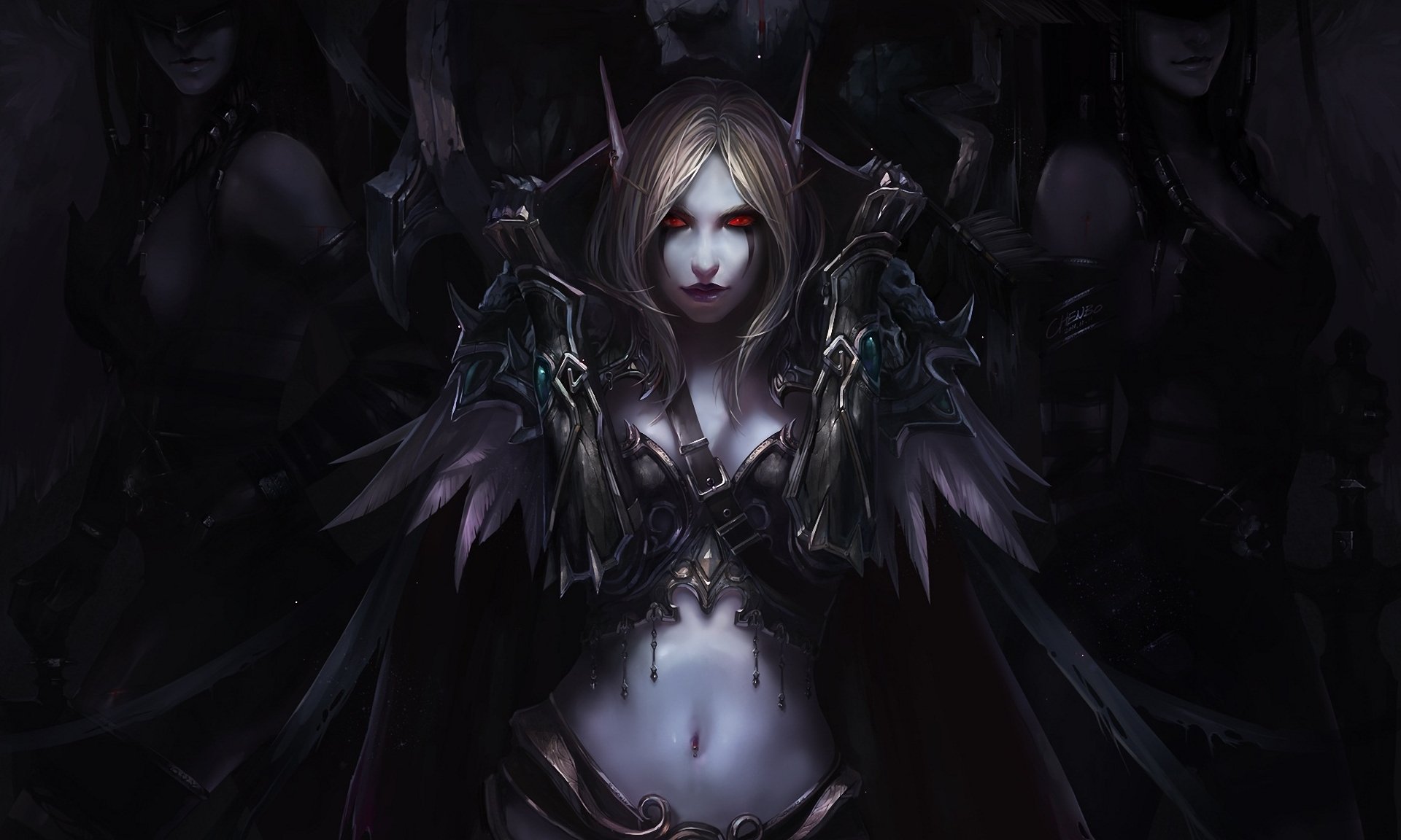 art chenbo world of warcraft elf silvana elf girls red eyes cloak feather