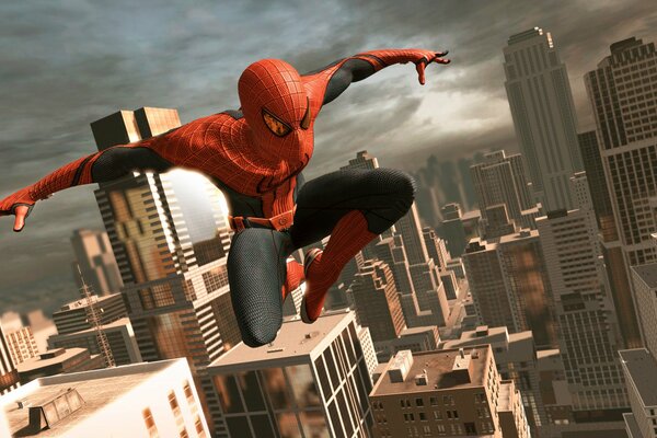 Spider-Man in flight over the city
