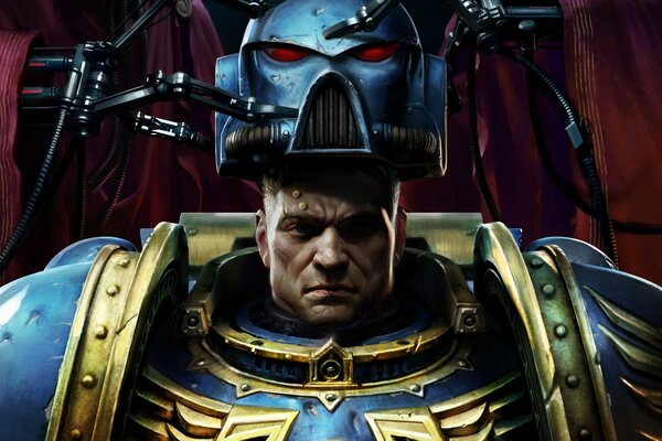 A determined warhammer soldier puts on a combat helmet