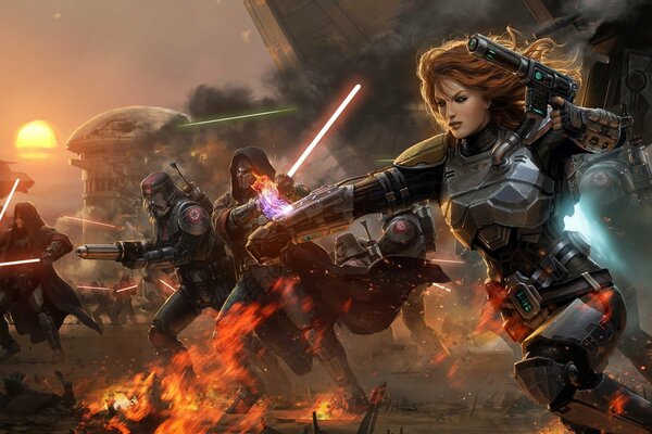 Star warriors with lightsabers during the attack