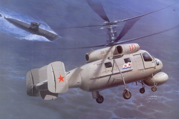 A Soviet anti-submarine helicopter flies over a submarine