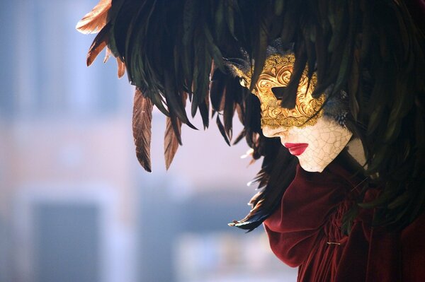 Venice Carnival. closed, beautiful golden mask with feathers