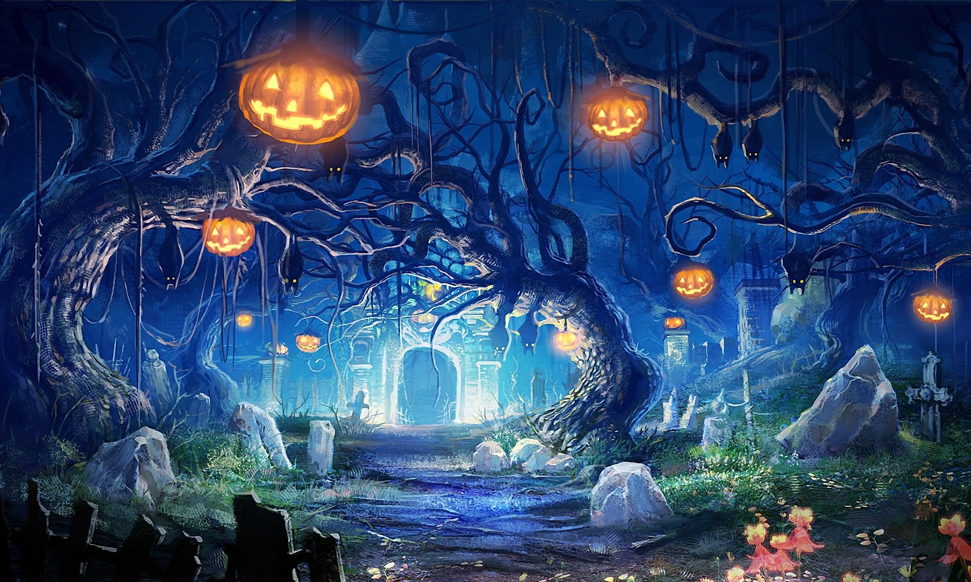 helloween art pumpkin cemetery bats night lights grave crypt stones tree