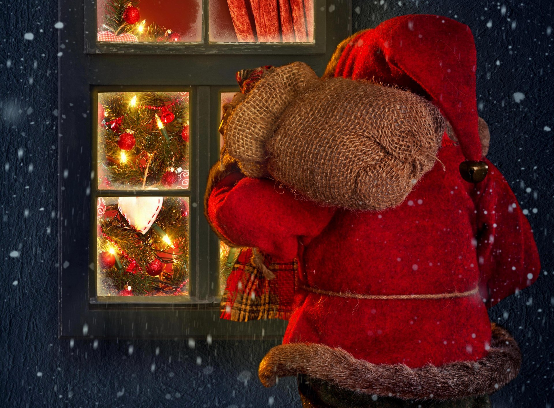 winter vacation snow house window merry christmas santa claus christmas tree lanterns winter lights holiday merry christma
