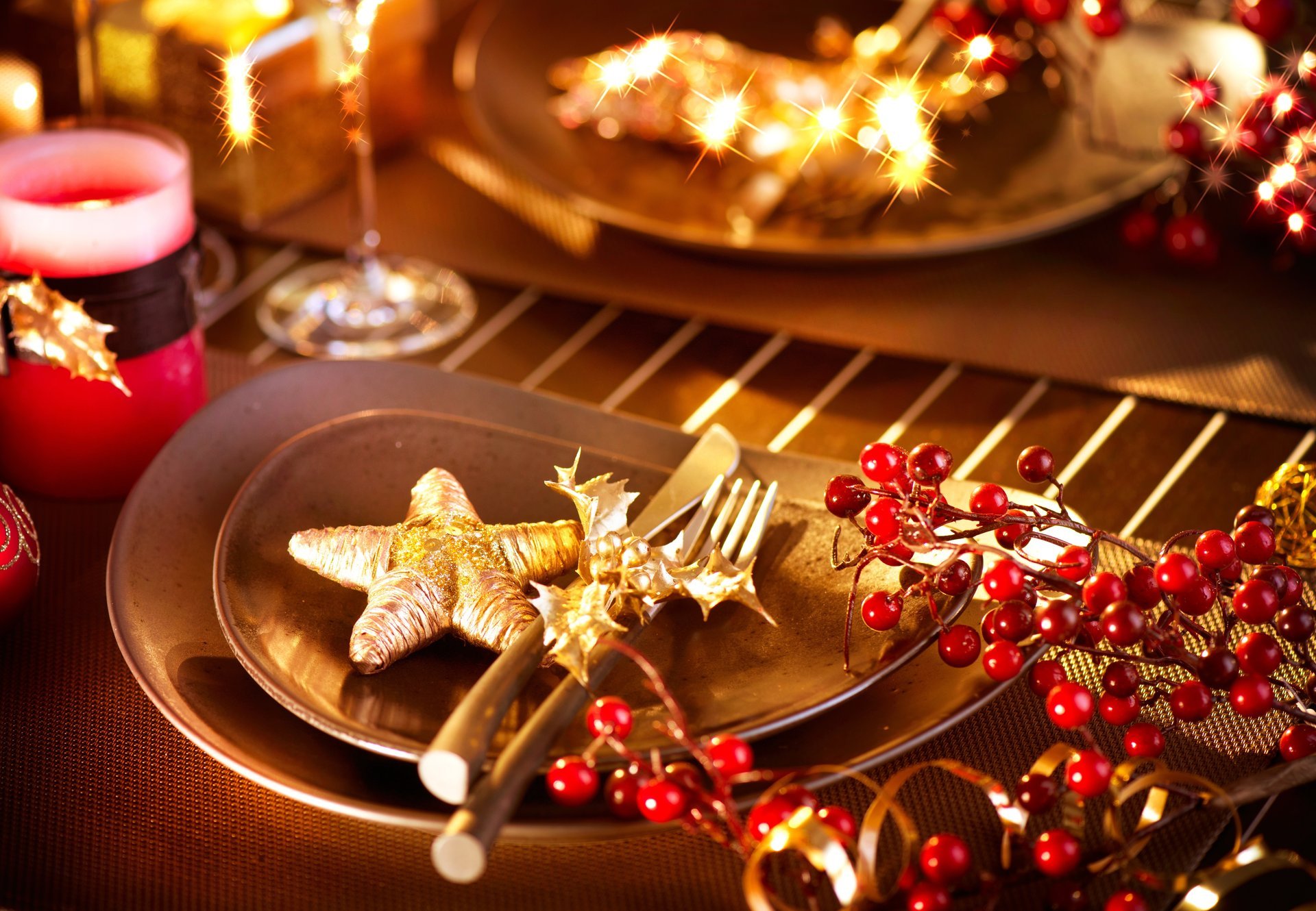 table festive candles dish figures star berries red holly winter new year christma