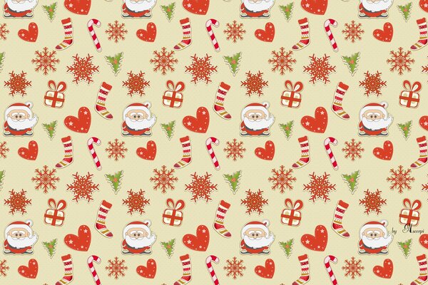 Santa card, snowflakes, hearts
