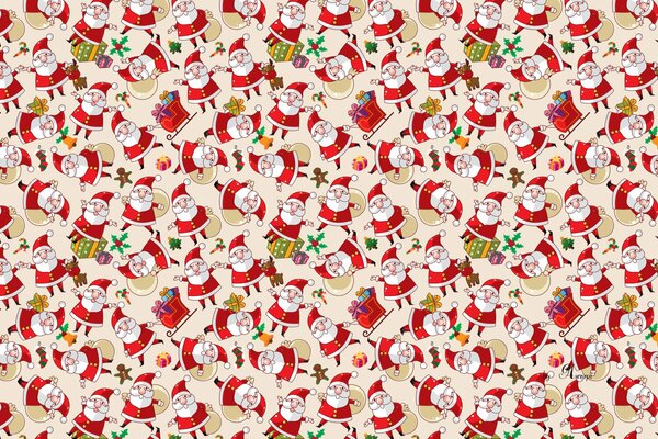 Lots of Santa Claus with gifts
