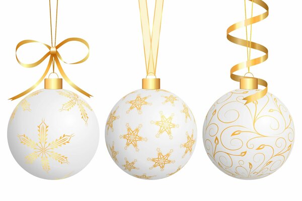 Christmas balls with golden patterns and ribbons