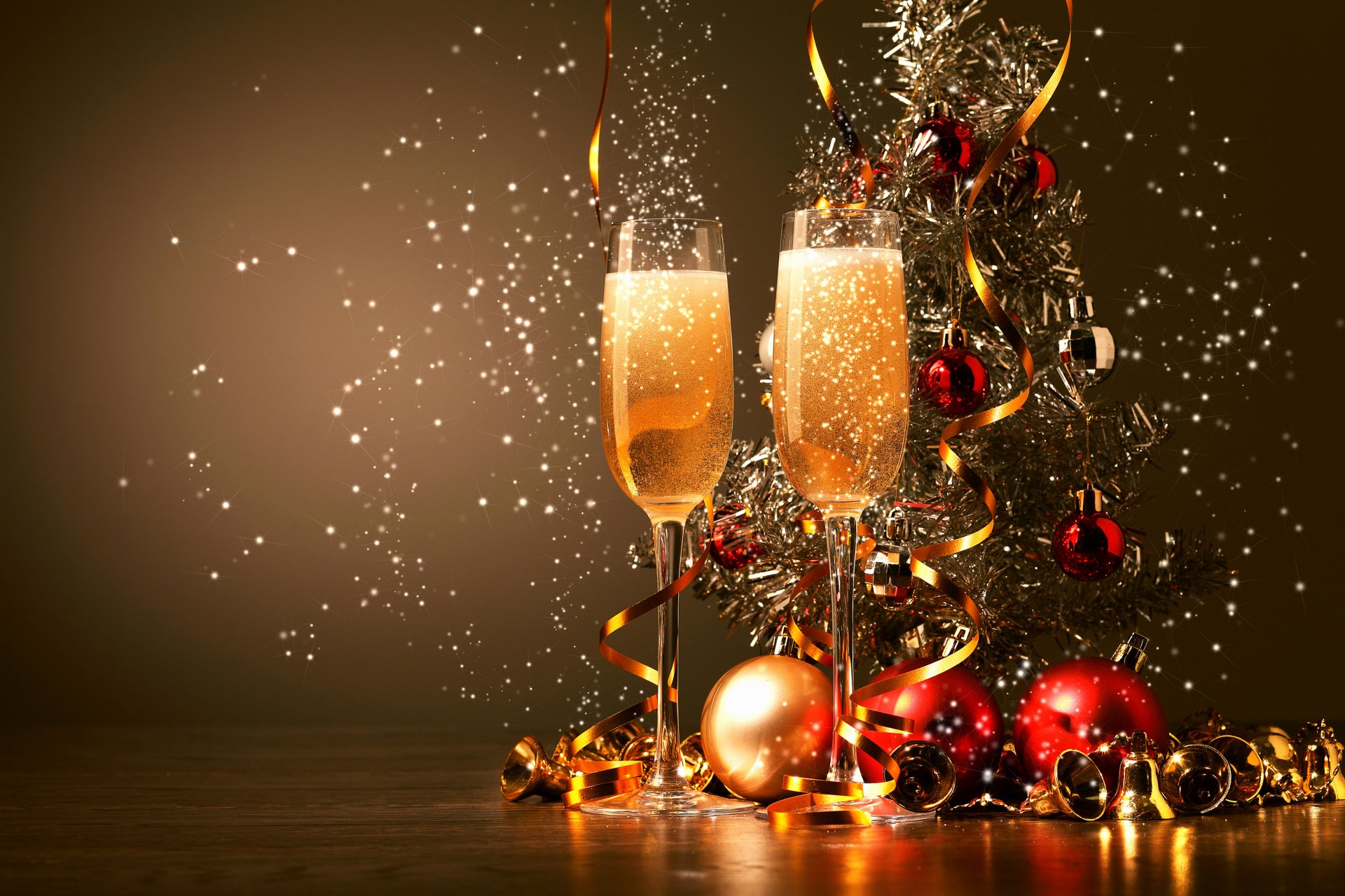 balls bells tinsel glasses champagne drink