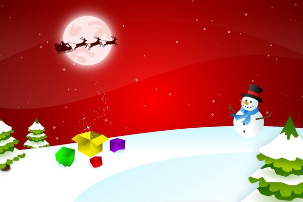 Santa with reindeer on the background of the moon