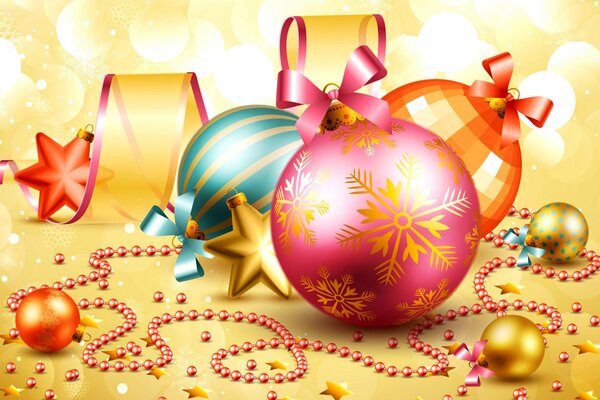 New Year wallpaper with Christmas decorations - balls. beads and ribbons