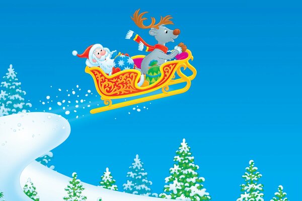 Santa Claus rides in a sleigh