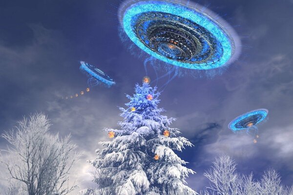 The UFO ship shines on the Christmas tree