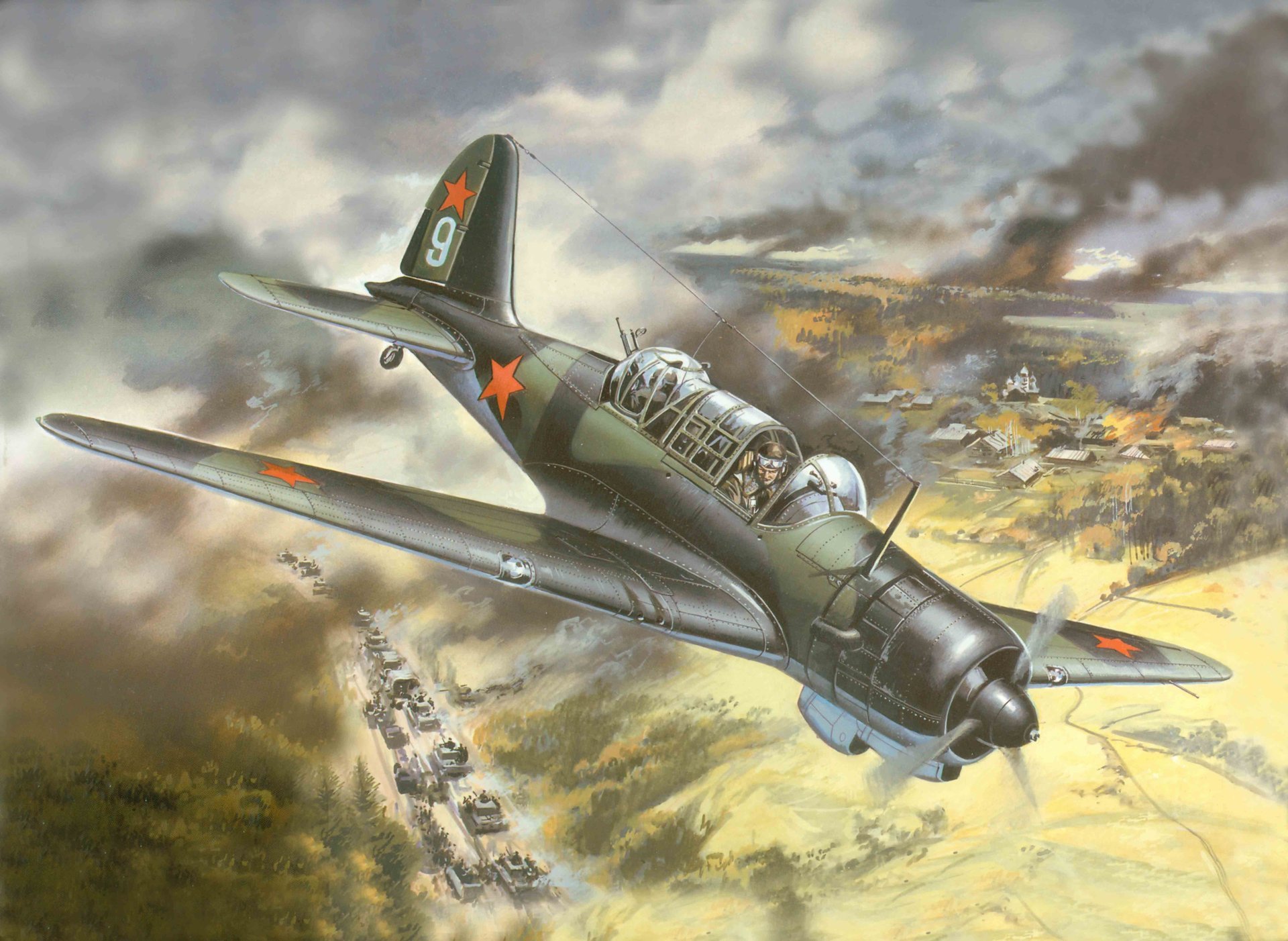 art plane su-2 soviet short-range scout and lightweight bomber airstrike in german column sukhoi air force soviet union bob ww2