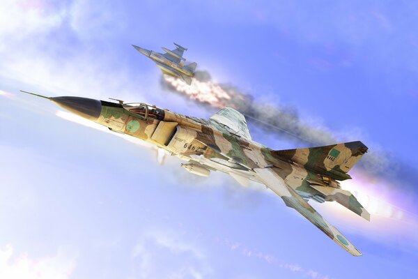 Mig 23 is flying down in the sky