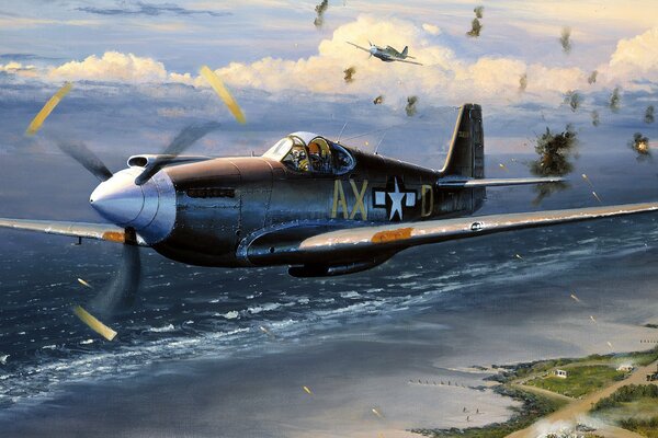 American fighters fly through the fire of anti-aircraft guns