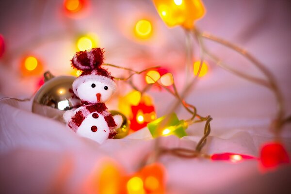 A toy snowman in lights for Christmas