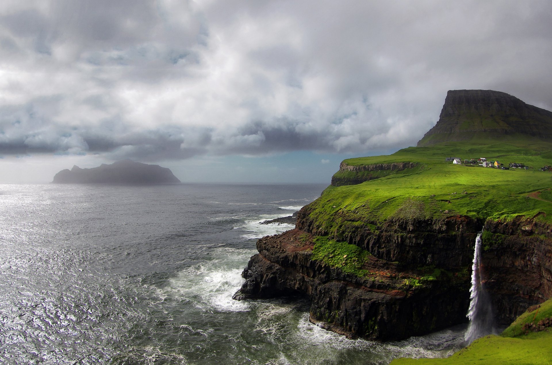 faroe islands island waterfall atlantic ocean mountain rock