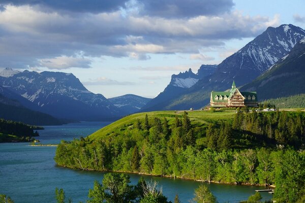 Hotel on a hill near Waterton Lake in Canada