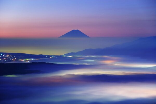 View of Mount Fuji hidden in the fog