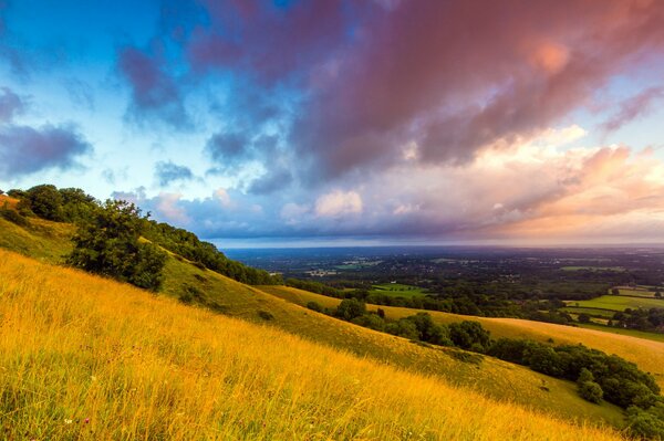Sky in clouds on the background of the hills of Great Britain