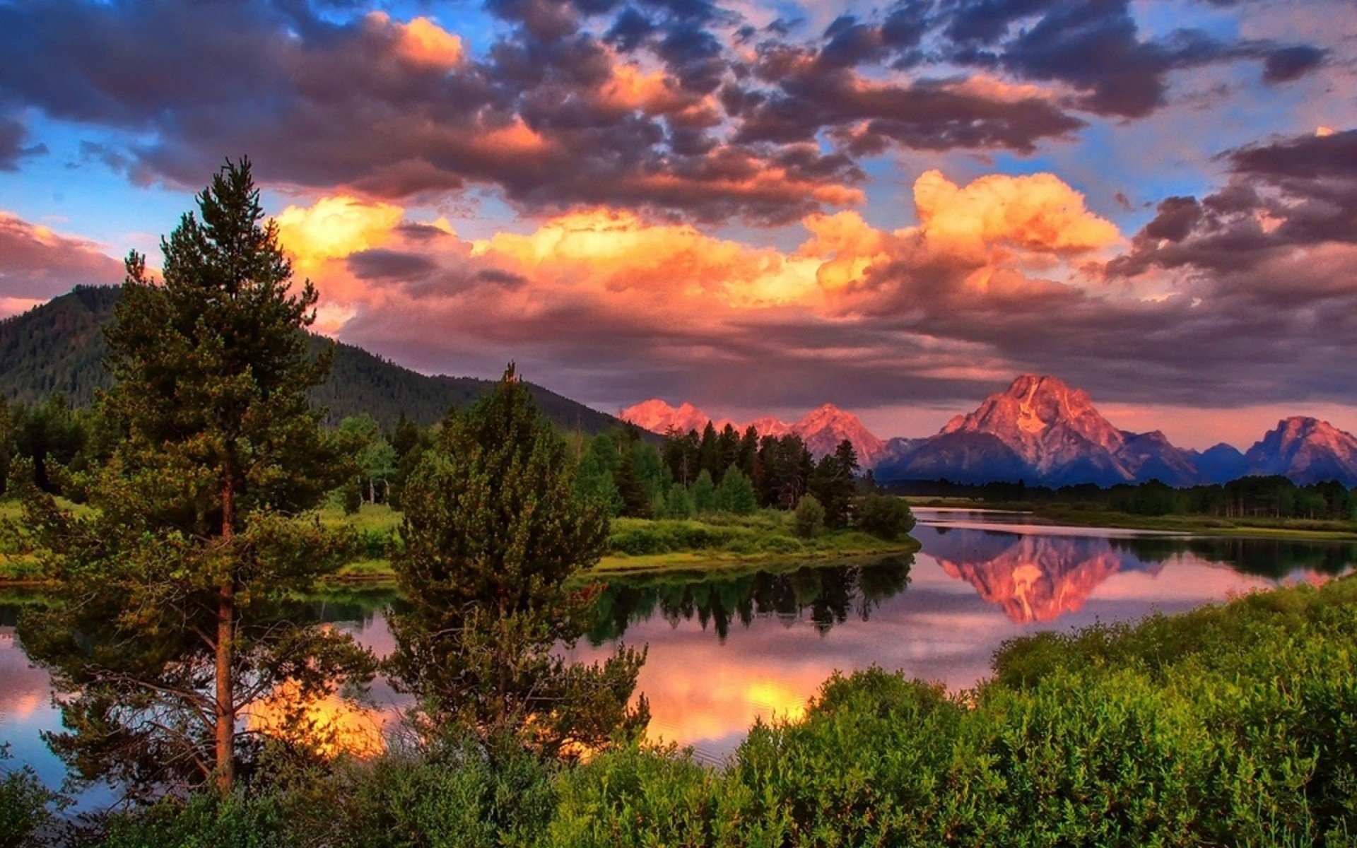 river summer mountain forest tree sky clouds nature photo