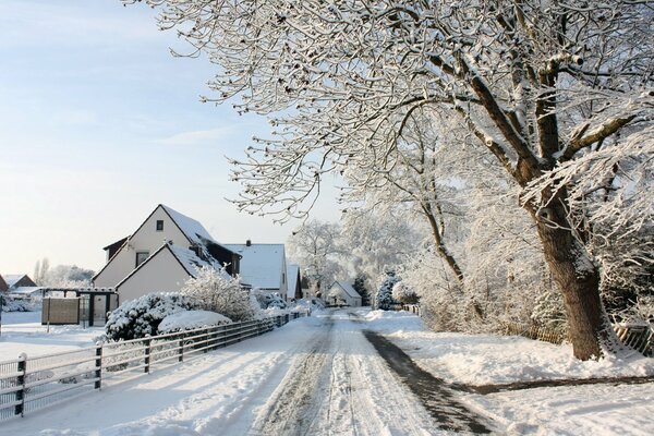 A quiet snow-covered street with white houses