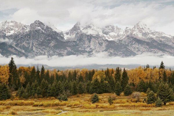 Autumn landscape of snow-white mountains