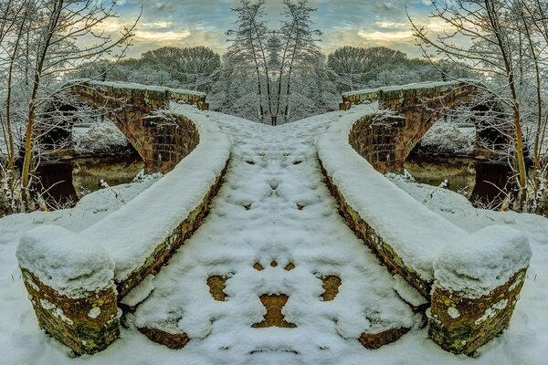 Winter stone bridge. Snow Fairy Tale