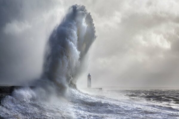 Giant sea wave near porthcawl lighthouse