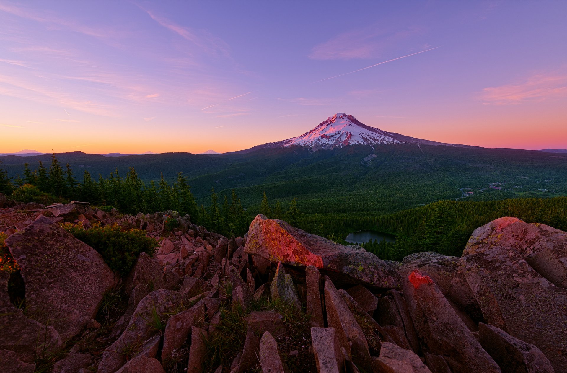 united states oregon mount hood stratovolcano mountain forest summer sunset light stone