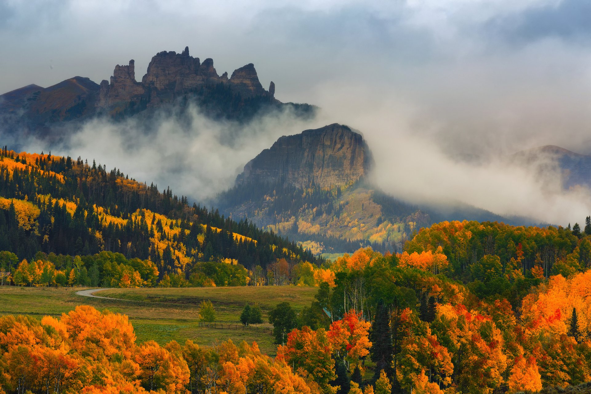 united states state colorado mountain autumn fog tree forest paint