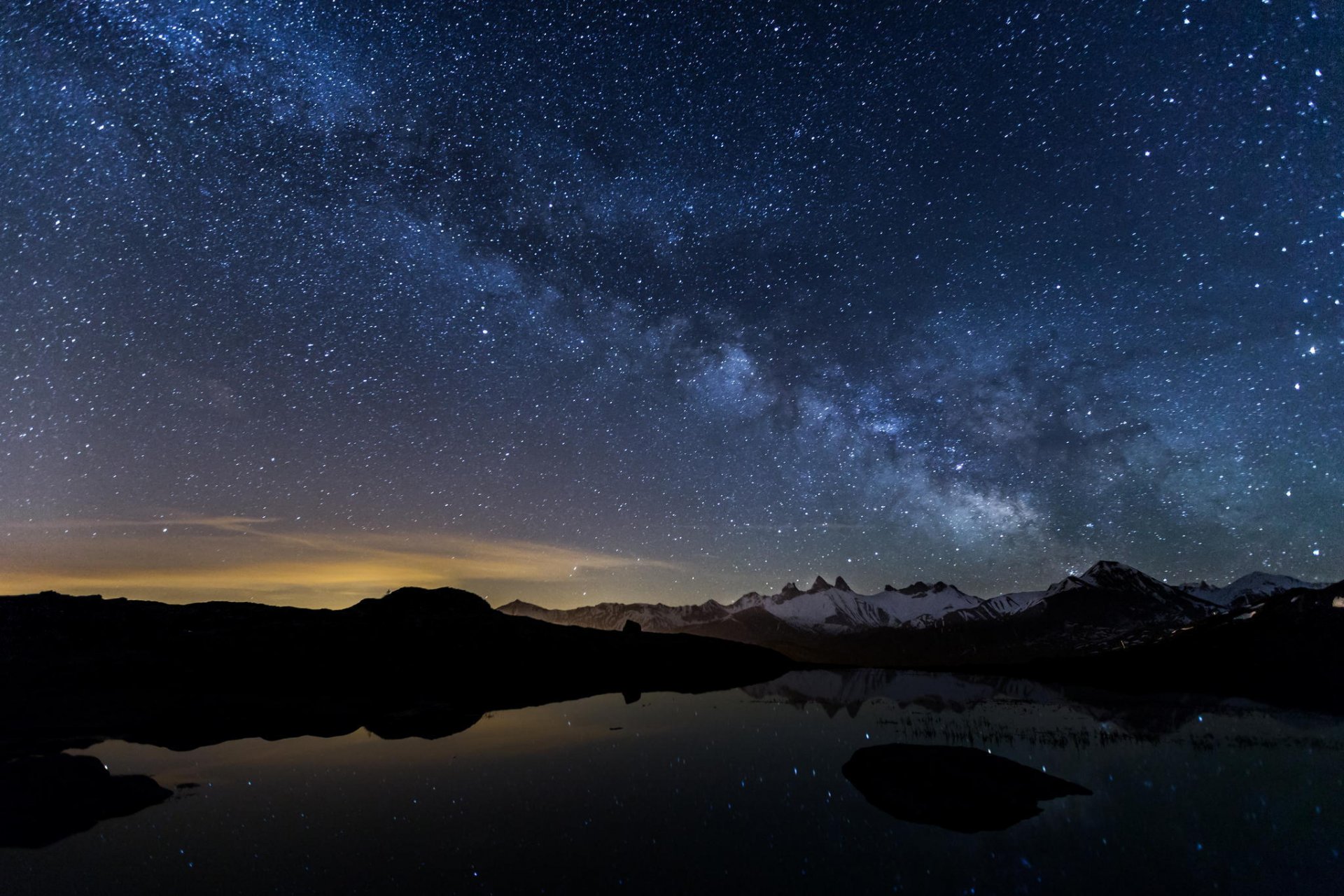 landscape lake mountain snow night sky milky way star