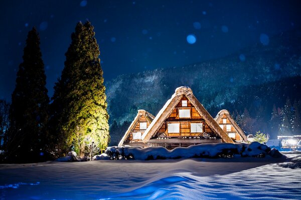 Lights of Japanese houses in winter